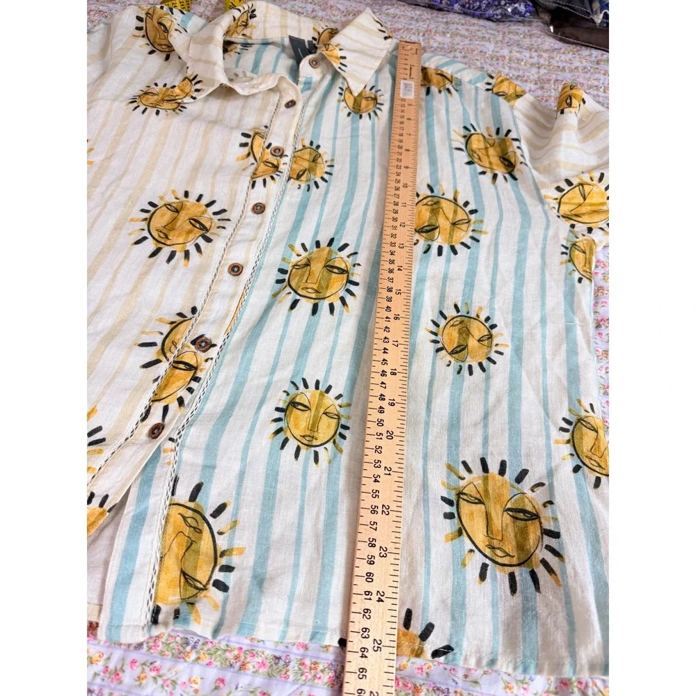 Anthropologie Sun Face Striped Linen Blend Button Down Shirt Blue‎ Yellow Small
